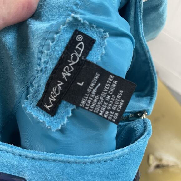 Karen Arnold Jacket Blazer size Large Aqua Agean Green Suede Leather Blue Jewels - Picture 8 of 8